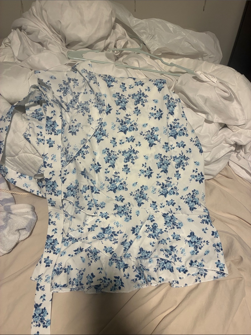 Long white with blue flower wrap skirt